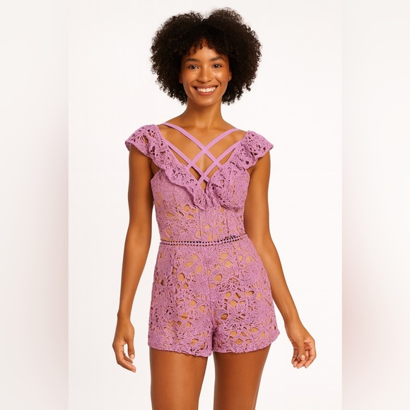 Adelyn Rae Sleeveless Floral Crochet Overlay Nude Lining Lavender Lace Romper XS - Picture 1 of 14